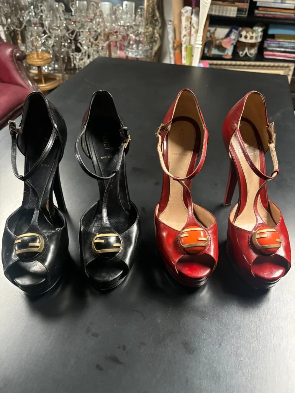 *Fendi Black Patent Leather T-Strap Peep-Toe Platform Size 39 5.5